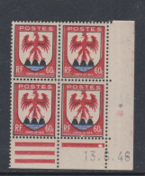 France N° 758 XX : Armoiries De Pro. : Nice  En Bloc De 4 Coin Daté Du 13 . 5 . 46 : 1 Point Blanc Sans Char. TB - 1940-1949