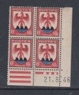 France N° 758 XX : Armoiries De Pro. : Nice  En Bloc De 4 Coin Daté Du 21 . 8 . 46 : 3 Points Blancs Sans Char. TB - 1940-1949