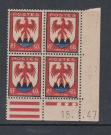 France N° 758 XX : Armoiries De Pro. : Nice  En Bloc De 4 Coin Daté Du 15 . 1. 47 : 3 Points Blancs Sans Char. TB - 1940-1949