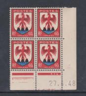 France N° 758 XX : Armoiries De Pro. : Nice  En Bloc De 4 Coin Daté Du  27 . 4 . 48 : 3 Points Blancs Sans Char. TB - 1940-1949