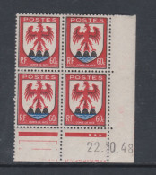 France N° 758 XX : Armoiries De Pro. : Nice  En Bloc De 4 Coin Daté Du  22 . 10 . 48 : 3 Points Blancs Sans Char. TB - 1940-1949