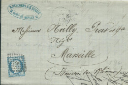 FRANCE LETTRE 25c LANDES GARE DE MONT-DE-MARSAN 39 POUR MARSEILLE ( BOUCHES DU RHONE ) DE 1875 LETTRE COVER - Railway Post