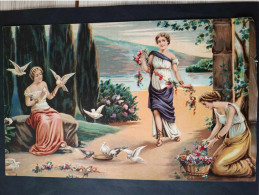 Reproduction De Peinture Sur Papier Carton Dim:25/40cm - Femmes Drapées Au Bord D'un Lac - Pigeons - Fleurs - Other & Unclassified