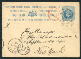 1886 India Stationery Postcard M.A.R.S. Fyzabad - American Scientific, New York USA Via Bombay, London + Sea Post Office - 1882-1901 Empire