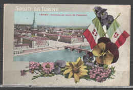 Torino - Saluti Da Torino - Panorama Dal Monte Dei Cappuccini Con Bandiere E Fiori - Multi-vues, Vues Panoramiques