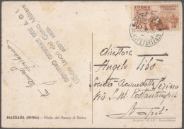 ETIOPIA- 1936 -  - Cartolina  Illustrata " Massaua Banco Di Roma " Viaggiata Da Addis Abeba A Napoli - Ethiopia