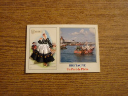 Carte Brodée "Bretagne - Un Port De Pêche"  - Jeune Femme Costume Brodé/Tissu- 10x15 Cm Env. - Borduurwerk