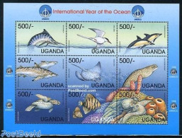 Uganda 1999 Int. Ocean Year 9v M/s, Mint NH, Nature - Birds - Fish - Turtles - Fishes
