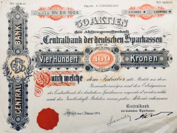 Vienne 1924: Cinquante  Actions - Centralbank Der Deutschen Sparkassen - 20.000 Couronne - Banque & Assurance