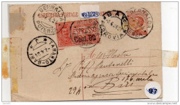 1924    CARTOLINA ESPRESSO CON ANNULLO  AMBULANTE TARANTO - BARI + BERNALDA POTENZA - Stamped Stationery