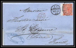 35865 N°32 Victoria 4p Red London St Etienne France 1869 Cachet 106 Lettre Cover Grande Bretagne England - Brieven En Documenten