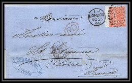 35865 N°32 Victoria 4p Red London St Etienne France 1869 Cachet 106 Lettre Cover Grande Bretagne England - Cartas & Documentos