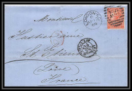35835 N°32 Victoria 4p Red London St Etienne France 1869 Cachet 100 Lettre Cover Grande Bretagne England - Cartas & Documentos