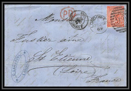 35826 N°32 Victoria 4p Red London St Etienne France 1869 Cachet 99 Lettre Cover Grande Bretagne England - Covers & Documents