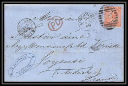 35830 N°32 Victoria 4p Red London St Etienne France 1869 Cachet 100 Lettre Cover Grande Bretagne England - Covers & Documents