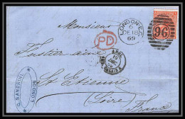 35809 N°32 Victoria 4p Red London St Etienne France 1869 Cachet 96 Lettre Cover Grande Bretagne England - Covers & Documents