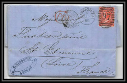 35813 N°32 Victoria 4p Red London St Etienne France 1869 Cachet 97 Lettre Cover Grande Bretagne England - Covers & Documents