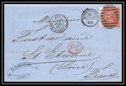 35748 N°32 Victoria 4p Red London St Etienne France 1866 Cachet 78 Lettre Cover Grande Bretagne England - Lettres & Documents
