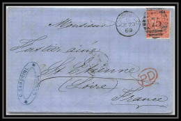 35727 N°32 Victoria 4p Red London St Etienne France 1869 Cachet 75 Lettre Cover Grande Bretagne England - Lettres & Documents