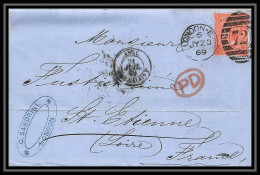 35704 N°32 Victoria 4p Red London St Etienne France 1869 Cachet 72 Lettre Cover Grande Bretagne England - Cartas & Documentos