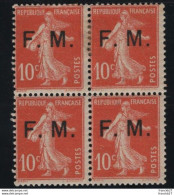 France - YT FM 5 - Bloc De 4 Timbres Semeuse 10 C Rouge Franchise Militaire - Militaire Zegels