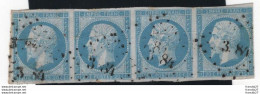 France - YT 14 - Bande 4 Timbres Napoléon III Empire Franc 20c Bleu Oblitérés - 1853-1860 Napoleon III
