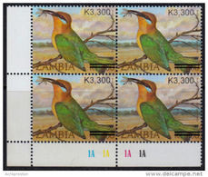 G0062 ZAMBIA 2007, SG 1026 K3300 On K1400 Boehm's Bee-eater, MNH Control Block Of 4 (1A) - Zambia (1965-...)