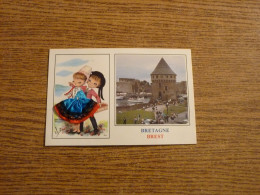 Carte Brodée "Bretagne - Brest"- Jeune Couple - Jeune Femme En Robe Brodée/tissu- 10x15cm Env. - Ricamate