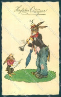 Greetings Easter Dressed Hare Playing Singing Amag 2143 Postcard TW1795 - Otros & Sin Clasificación