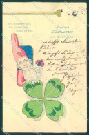 Greetings New Year Gnome Four Leaf Clover Ladybug Relief ABRADED Postcard TW1739 - Sonstige & Ohne Zuordnung