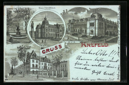 Mondschein-Lithographie Krefeld, Kgl. Webeschule, Rathaus, Kreis-Ständehaus  - Krefeld