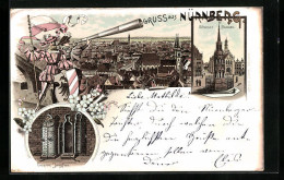 Lithographie Nürnberg, Schoener Brunnen, Eiserne Jungfrau, Totalansicht  - Nürnberg