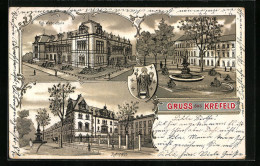 Lithographie Krefeld, Kgl. Webschule, Rathaus, Stadtwappen  - Krefeld