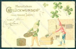 Greetings New Year Gnome Four Leaf Clover Money Relief Cartolina Postcard TW1706 - Altri & Non Classificati