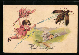 Künstler-AK Mädchen Fliegt An Maikäfer über Frühlingslandschaft  - Insekten