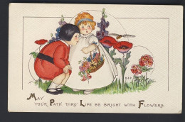 SUNBONNET GIRLSMEP (Margaret Evans Price) Artist ART DECO Children Pick Flowers, BEE Embossed - Dibujos De Niños