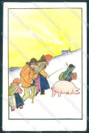 New Year Pig Children Snow Cartolina Postcard TW1411 - Autres & Non Classés