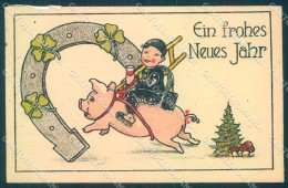 New Year Pig Chimney Sweep Mushroom Horseshoe Four Leaf Clover Postcard TW1405 - Autres & Non Classés