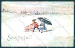 Artist Signed Frank New Year Pig Child Serie 507/IV Cartolina Postcard TW1399 - Other & Unclassified