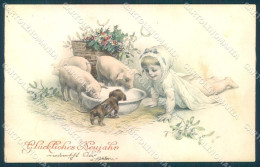 Animals Dog Puppy Pig Child Mistletoe New Year Serie 95301 Postcard TW1256 - Other & Unclassified