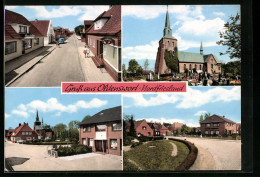 AK Oldenswort /Nordfriesland, Strassenpartie Mit Geschäften, Kirche Mit Friedhof, Strassenpartie  - Nordfriesland