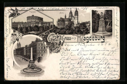 Vorläufer-Lithographie Magdeburg, 1895, Theater, Dom, Friesen-Denkmal  - Magdeburg