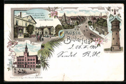Lithographie Bitterfeld, Kaiser-Strasse, Wasserthurm, Rathaus, Bahnhof  - Bitterfeld