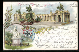 Lithographie Berlin, National-Denkmal Kaiser Wilhelm I., Kaiserin Auguste Denkmal  - Mitte