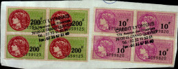 4 TIMBRES FISCAUX A 200 F  ET 4 TIMBRES A 10 F   COLLES SUR UNE FEUILLE - Stamps