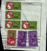 4 TIMBRES FISCAUX A 200 F  , 1 TIMBRE A 100 F , 1 TIMBRE A 10 F ET UN TIMBRE A 50 F   COLLES SUR UNE FEUILLE - Marken