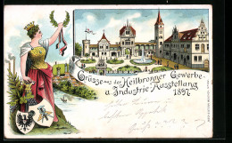 Lithographie Heilbronn, Gewerbe- U. Industrie-Ausstellung 1897, Germania Mit Lorberrkranz, Wappen  - Expositions