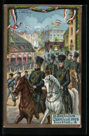 AK Frankfurt A. M., 11. Deutsches Turnfest 1908, Militärparade In Fahnen Geschmückter Stadt  - Autres & Non Classés