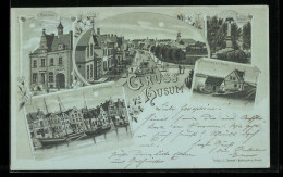 Mondschein-Lithographie Husum, Rathaus, Schiffbrücke, Krieger-Denkmal  - Husum