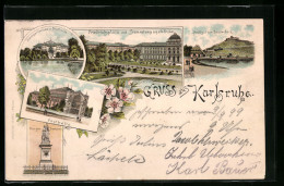 Lithographie Karlsruhe, Friedrichsplatz Mit Sammlungsgebäude, Stadtgartensee Und Festhalle  - Karlsruhe